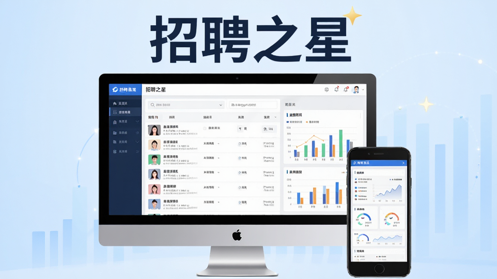 招聘之星主视觉图,画面中央为电脑与手机屏幕展示招聘管理界面,界面显示简历列表与数据图表,背景为淡蓝色渐变,整体风格商务简洁,强调高效与智能,文字“招聘之星”置于画面上方,画质清晰,干净无多余元素