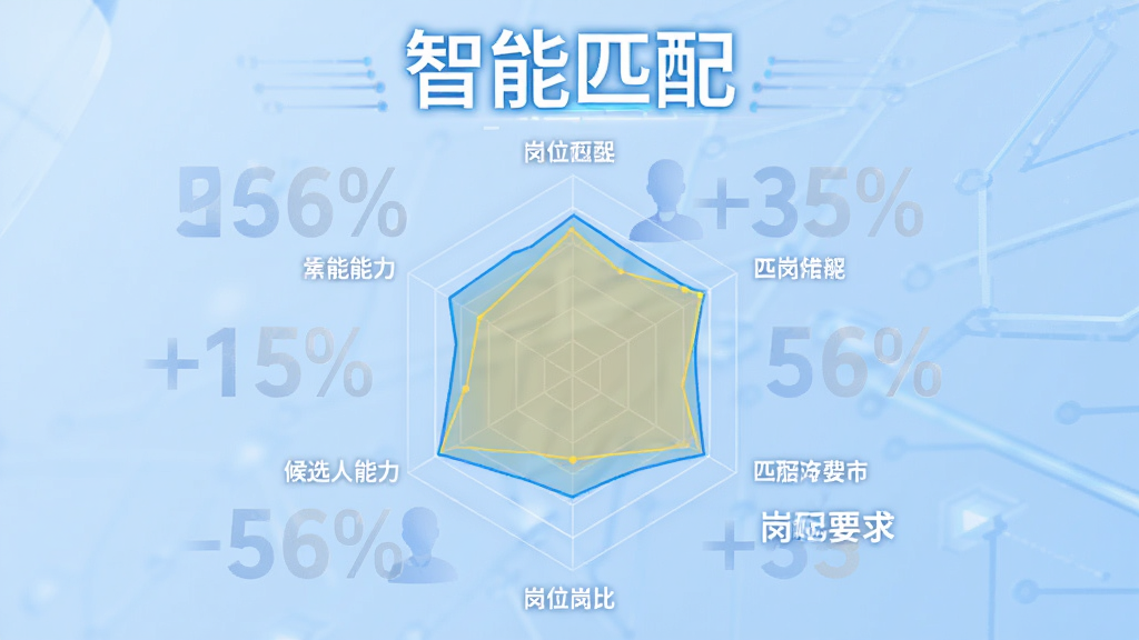 招聘之星智能人岗匹配示意图,画面中一个雷达图展示候选人能力与岗位要求对比,周围有匹配度百分比数字,背景为科技感浅蓝色,风格简洁现代,文字“智能匹配”突出显示,画质干净