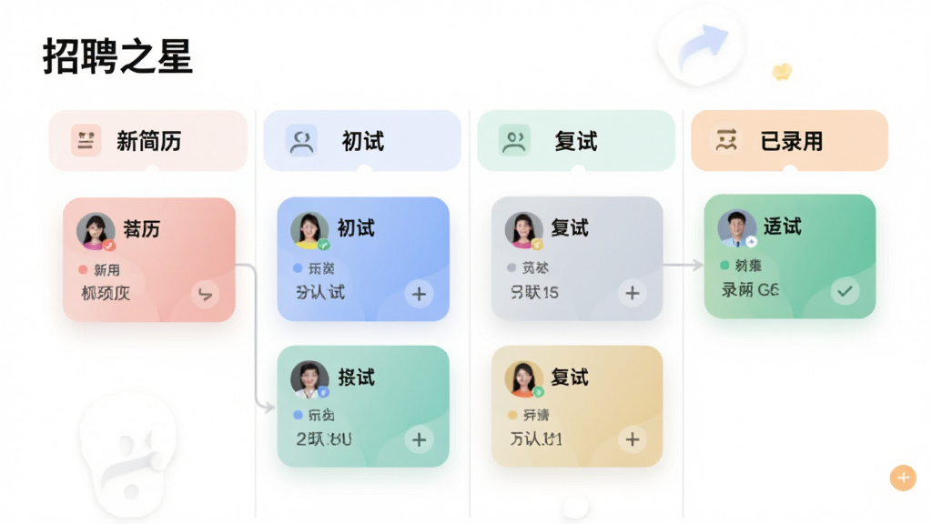 招聘之星招聘流程看板界面,显示多个阶段列,如“新简历”“初试”“复试”“已录用”,候选卡片在不同列间移动,背景为白色,卡片圆角设计,色彩柔和,文字“招聘之星”在左上角,画质清晰