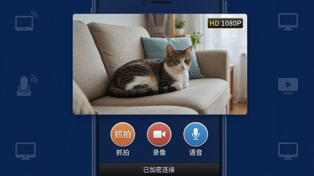 ���壺����ͷԶ�̼�ؾ����ֻ���ʵʱԤ�����棬������ʾ������ػ��棬�·��С�ץ�ġ���¼�񡱡�����������Բ�ΰ�ť�����֣��ֻ���Ļ����չʾ������Ϊ����ɫ����Χ��΢�����豸ͼ���׺���Ű棺����Ԫ�ش�ֱ���У���ť�·�������ע�͡�������ﻯ���ƽ����ϣ�ɫ��������ϸ�ڣ���ػ�������һֻ����è��ɳ���ϣ����Ͻ���ʾ��HD 1080P�����ײ�״̬����ʾ���Ѽ������ӡ������ʣ�ϸ�壬�ɾ����޶���Ԫ�ء�