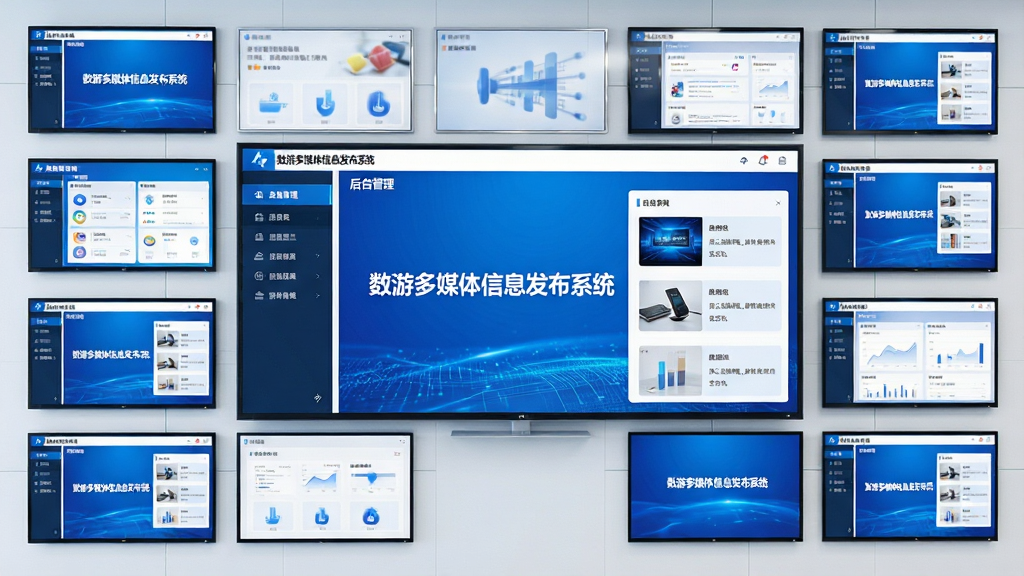 主体:数游多媒体信息发布系统软件界面展示,屏幕墙中多个屏幕显示不同内容。布局:主屏幕居中展示后台管理界面,四周环绕多个小型预览屏。排版:界面清晰,左侧功能栏,右侧内容预览区。风格:科技感、商务蓝白配色。细节:屏幕中显示“数游多媒体信息发布系统”字样,画面干净整洁。画质:高清渲染,明亮通透,无多余元素