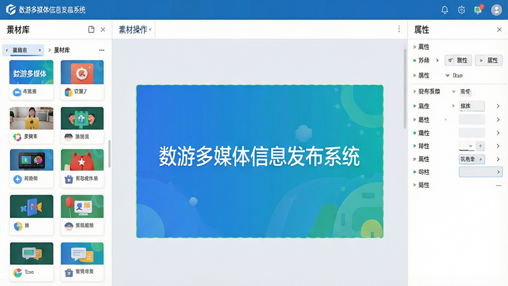 主体:数游多媒体信息发布系统的内容编辑界面,展示拖拽式素材操作。布局:左侧素材库,中间编辑画布,右侧属性面板。排版:界面简洁,功能图标清晰。风格:扁平化设计,色彩明快。细节:画布上显示“数游多媒体信息发布系统”字样,素材卡片排列整齐。画质:高清,界面光洁,无多余元素