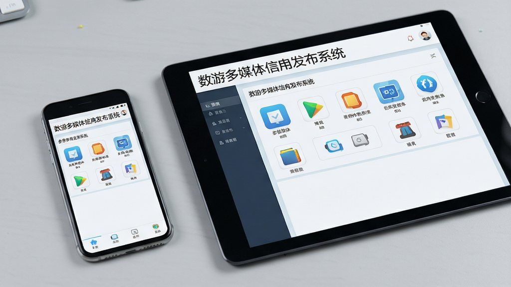 主体:一台智能手机和一台平板电脑同时显示数游多媒体信息发布系统的管理界面。布局:手机在左,平板在右,背景为浅灰色桌面。排版:设备屏幕中显示软件后台界面,上方有“数游多媒体信息发布系统”字样。风格:简洁商务风,明亮色调。细节:界面图标清晰,屏幕无反光。画质:高清实拍风格,干净无杂物