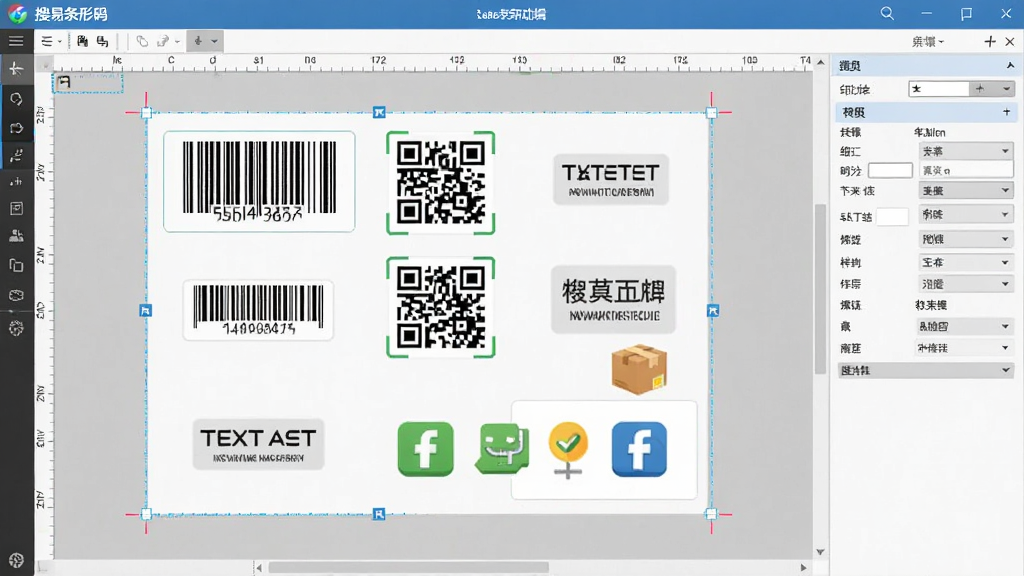 展示搜易条形码打印机软件的可视化编辑界面,主体为编辑画布上放置着多种标签元素,包括条形码、二维码、文本和图标,周围有辅助线和属性设置面板。布局清晰,排版整洁,风格为现代扁平化设计,细节丰富,画质清晰,无多余元素。