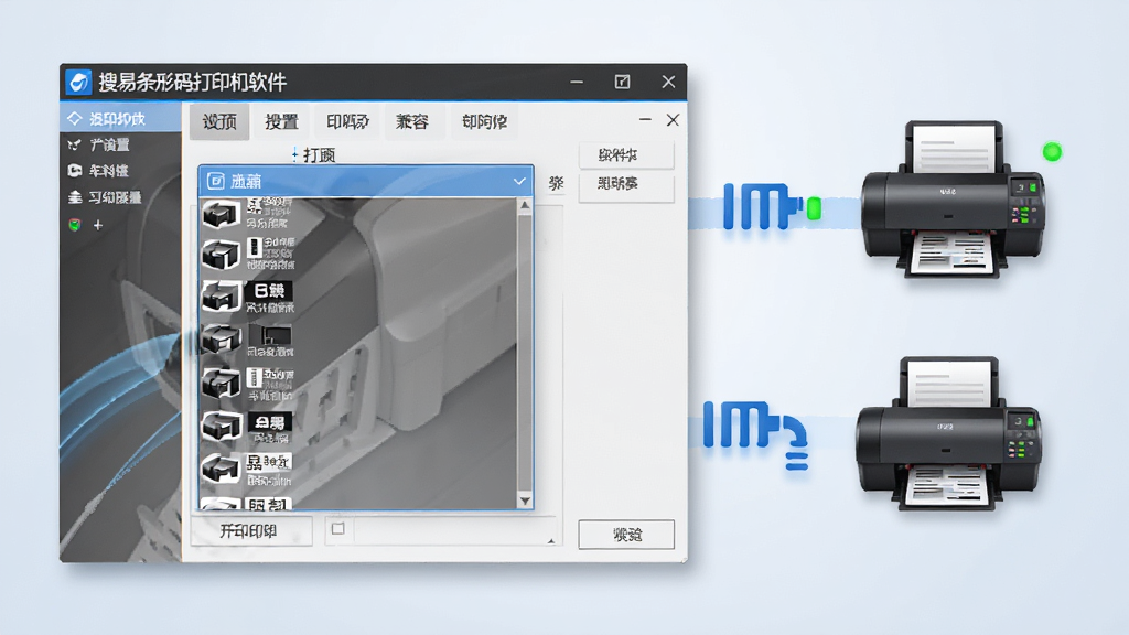 展示搜易条形码打印机软件与多种品牌打印机兼容的示意,主体为软件打印机设置界面中下拉列表展示多个打印机型号,旁边有已连接打印机的图标和状态指示灯。布局简洁,排版清晰,风格科技感,细节丰富,画质高清,无多余元素。
