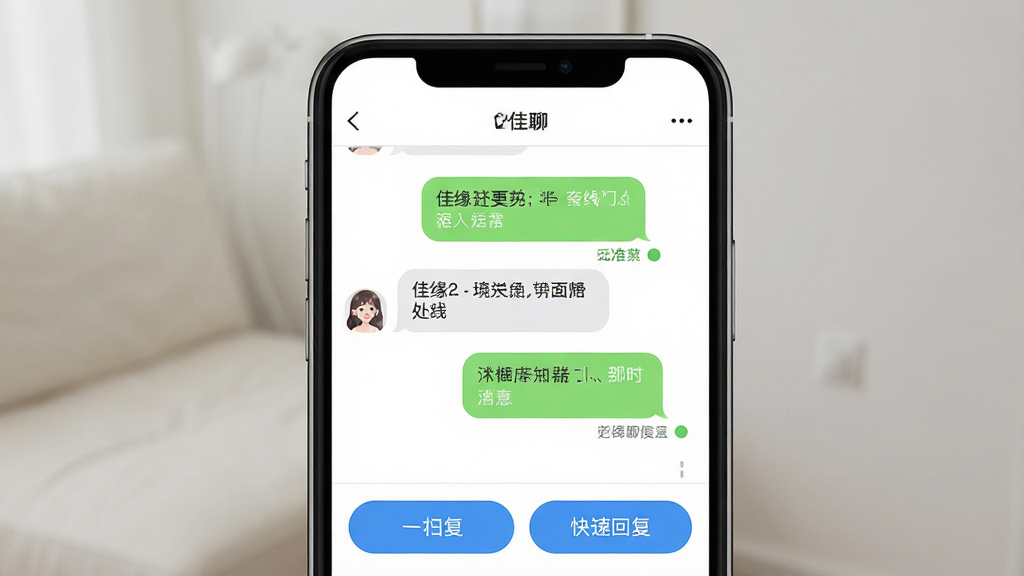 佳缘聊天界面示意图,主体为手机聊天窗口,布局简洁,风格清新,细节包括对话气泡、在线状态标识、快捷回复按钮,画质清晰,干净无多余元素