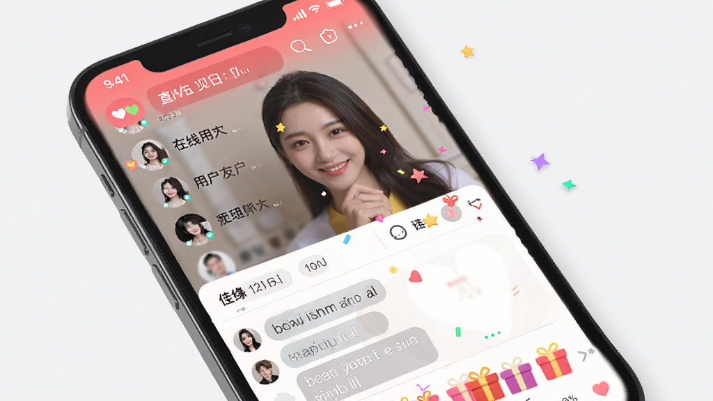 佳缘APP界面预览图,主体为手机屏幕展示交友直播界面,布局清晰,风格现代简约,细节包括在线用户列表、聊天窗口、礼物特效,画质高清,干净无多余元素
