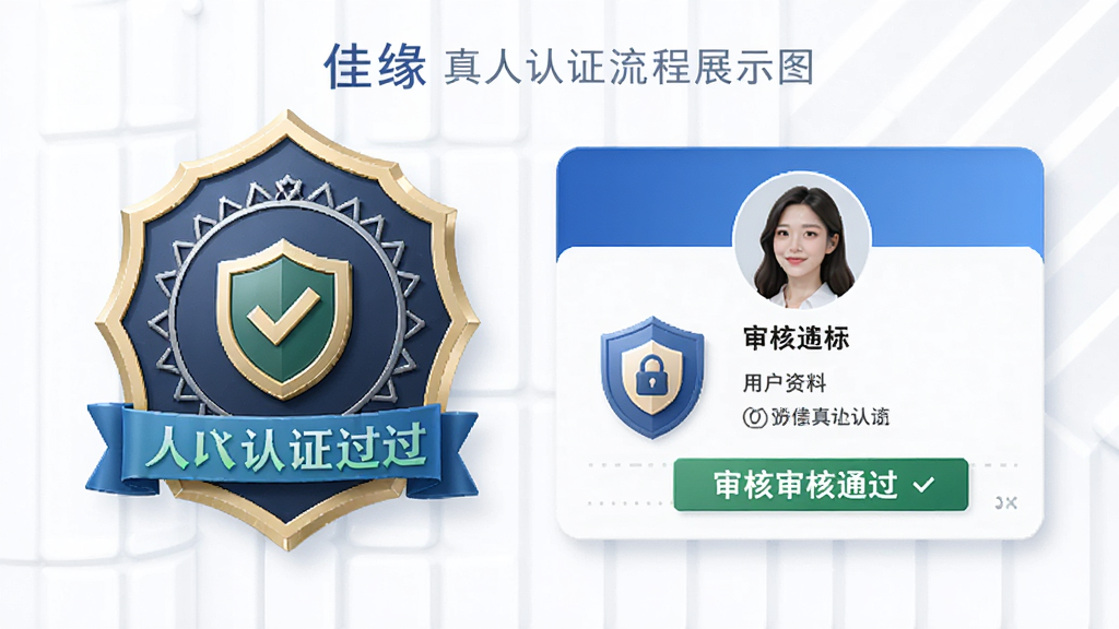 佳缘真人认证流程展示图,主体为认证徽章与用户资料卡,布局规整,风格专业,细节包括认证标识、审核通过字样、安全盾牌图标,画质高清,干净无多余元素