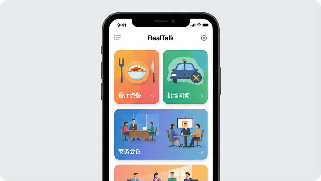 一幅展示智能手机屏幕的现代扁平插画,屏幕中显示RealTalk应用界面,包含多个色彩鲜明的场景卡片,如“餐厅点餐”、“机场问询”、“商务会议”,背景是简洁的浅灰色,突出应用界面主体,布局居中,排版清晰,风格清新现代,细节丰富,画质高清,干净,无多余元素