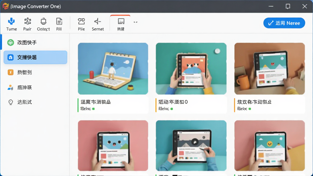 改图快手(Image Converter One)的主界面预览图,展示其简洁的工具栏、功能分区和示例图片,整体风格现代清爽,色彩明快,布局合理,细节丰富,画质干净无多余元素