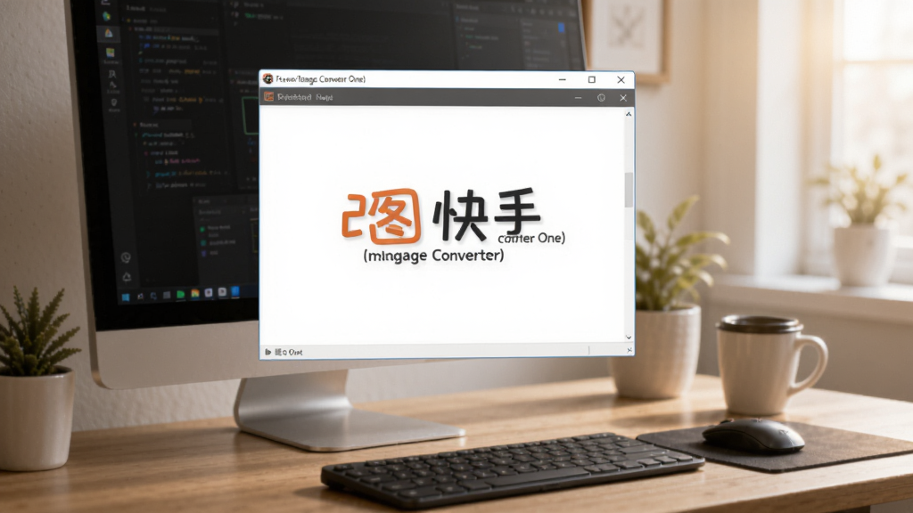 改图快手(Image Converter One)在电脑上运行的场景图,展示软件窗口和桌面环境,光线柔和,细节清晰,画质干净