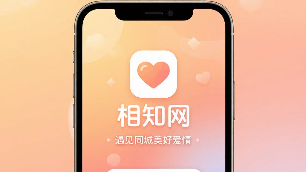 相知网APP启动页界面设计,主体为柔和渐变色背景,中央放置品牌Logo与“相知网”文字,下方搭配“遇见同城美好爱情”标语,布局简洁大气,采用扁平化设计风格,整体色调温暖明亮,细节圆润精致,画质清晰干净,无多余元素