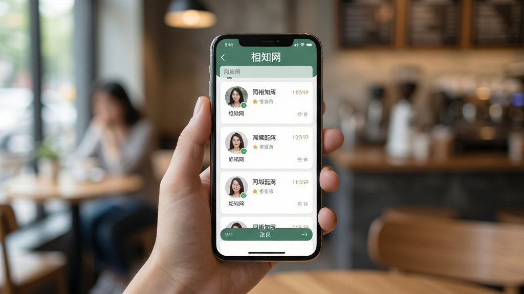 相知网APP使用场景图,主体为一部智能手机握在用户手中,屏幕显示同城匹配列表,背景为模糊的咖啡厅环境,布局为居中构图,排版自然,风格生活化,光线柔和,细节包括屏幕上的“相知网”界面元素,画质真实干净,无多余元素