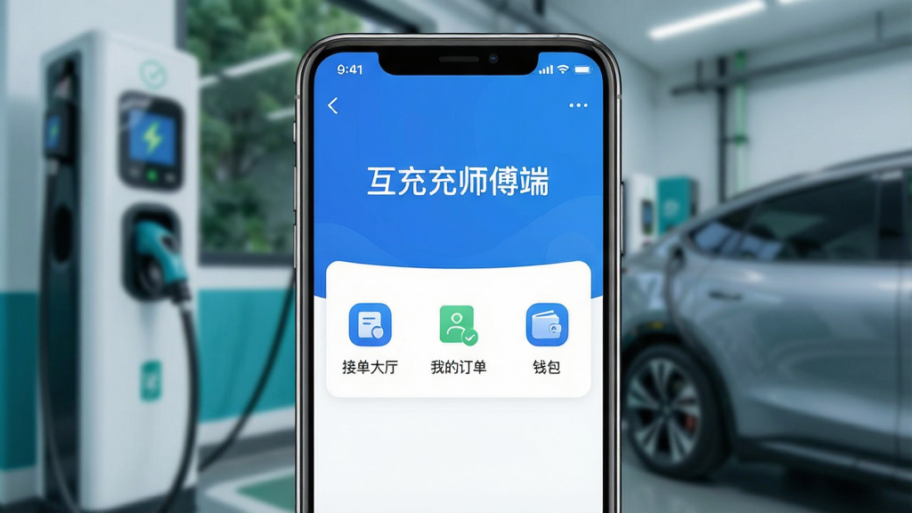 一张展示互充充师傅端APP界面的高清手机截图,界面风格简洁现代,主色调为蓝色和白色,屏幕中央显示“互充充师傅端”字样,下方有“接单大厅”、“我的订单”、“钱包”等主要功能模块图标,背景为虚化的新能源汽车充电场景,整体布局清晰,画质干净,无多余元素。