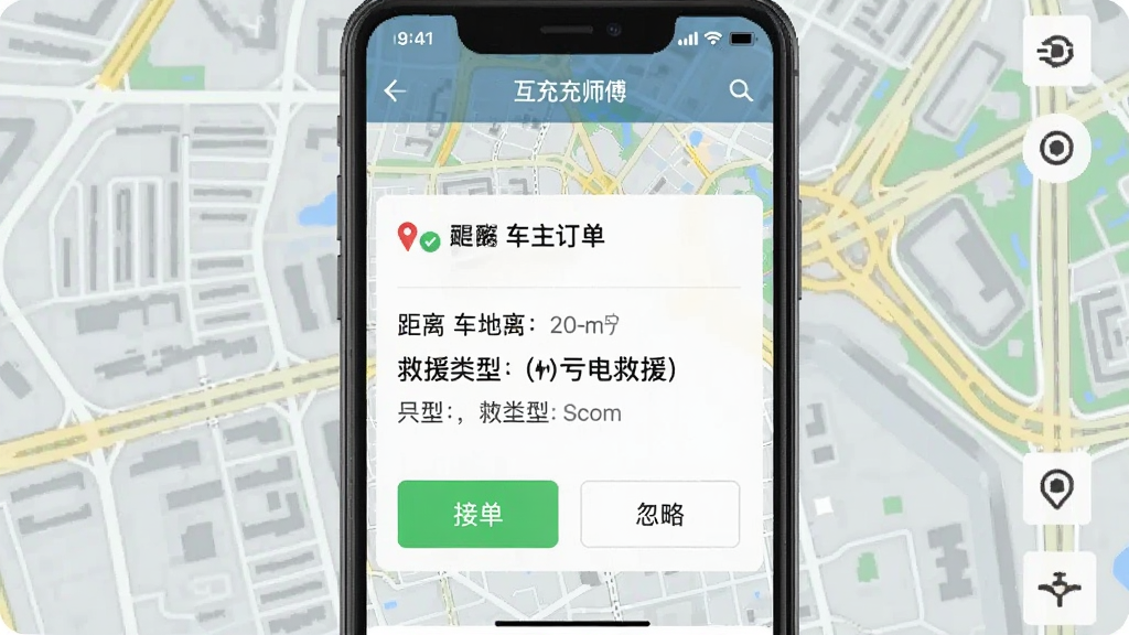一张展示互充充师傅端订单推送界面的手机截图,屏幕上显示一条新订单提醒,包含车主位置、距离、救援类型(亏电救援)等信息,下方有“接单”和“忽略”两个按钮,背景为城市道路地图,界面风格清晰直观,画质干净,无多余元素。