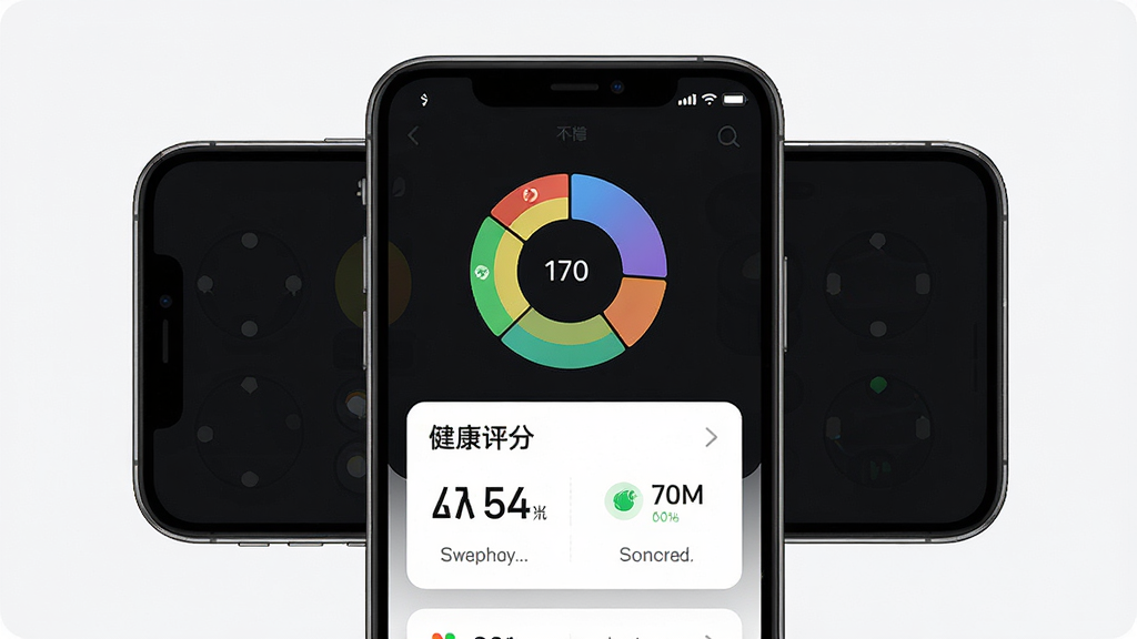 手机智能盒子主界面展示,主体为手机屏幕内显示环形存储分布图与健康评分卡片,布局居中,排版清晰,风格现代简约,细节包含彩色图表与数字标注,画质高清,干净无多余元素