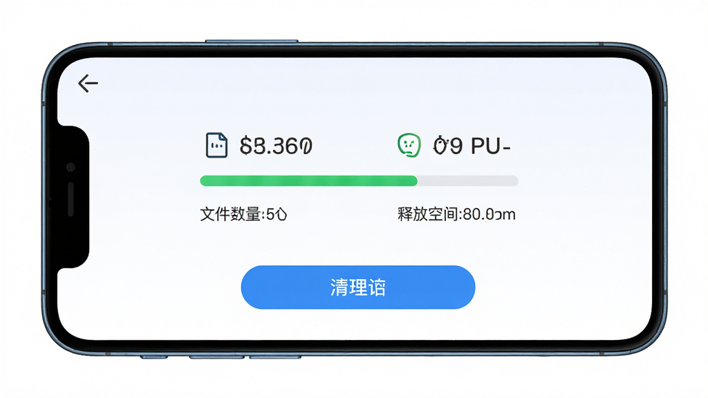 手机智能盒子一键优化操作界面,主体为手机屏幕显示扫描进度条与清理按钮,布局居中,排版直观,风格清爽,细节包含文件数量统计与释放空间数值,画质高清,干净无多余元素