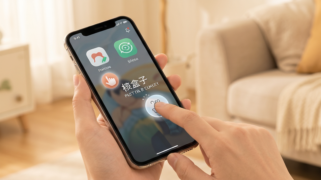 手机智能盒子使用教程插图,主体为手部操作手机界面,布局自然,排版清爽,风格温馨,细节包含点击动作与屏幕反馈,画质清晰,干净无多余元素