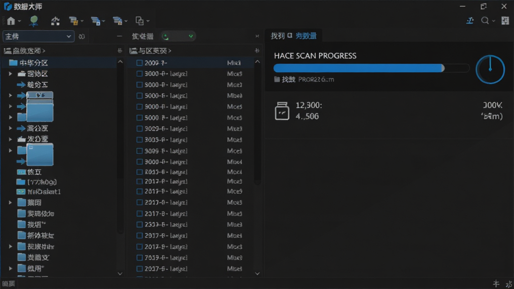 数据大师软件界面截图风格,左侧是磁盘分区选择列表,右侧显示正在快速扫描的进度条与已找到的文件数量,界面采用深色主题,数据列表清晰可见,科技蓝配色,高细节,干净无多余元素