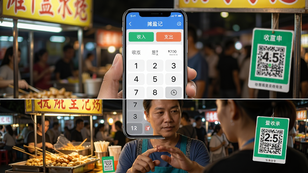 画面主体为一位摊主手持手机使用“摊盈记”应用,界面清晰显示大数字键盘和收支记录列表;布局上手机屏幕居中,周围有夜市摊位、小吃车、收款码等元素环绕;排版采用上下结构,上方为应用界面特写,下方为摊主操作场景;风格写实且色彩明亮,突出软件简洁易用的特点;细节包括屏幕上的“收入”“支出”按钮和数字键盘,画质高清,干净无多余元素。