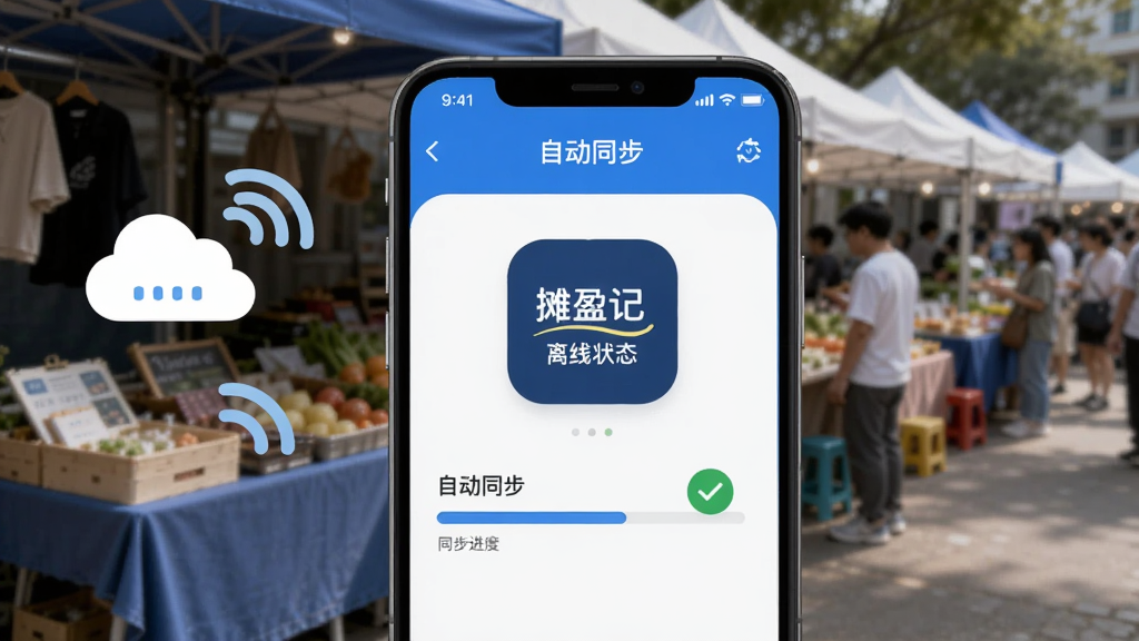 主体为手机界面展示“摊盈记”的离线状态图标和同步进度条,背景是户外市集一角;布局为手机居中,左侧有云朵和网络信号图标;排版清晰,突出“离线记账”“自动同步”字样;风格简洁,色调以蓝色和白色为主;细节包括同步完成后的对勾标识,画质干净,无多余元素。