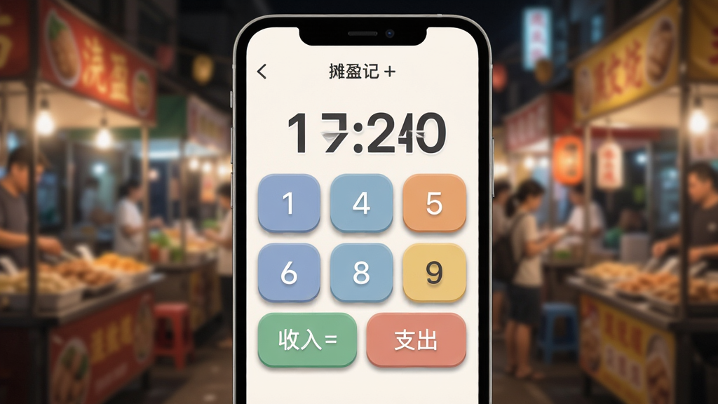 主体为手机屏幕特写,显示“摊盈记”的大数字键盘界面,按键硕大醒目,数字和“收入”“支出”按钮清晰可见;布局为手机居中,周围有模糊的夜市摊位背景;排版简洁,突出键盘区域;风格扁平化,配色柔和;细节包括按键上的阴影和按压效果,画质清晰,干净无多余元素。