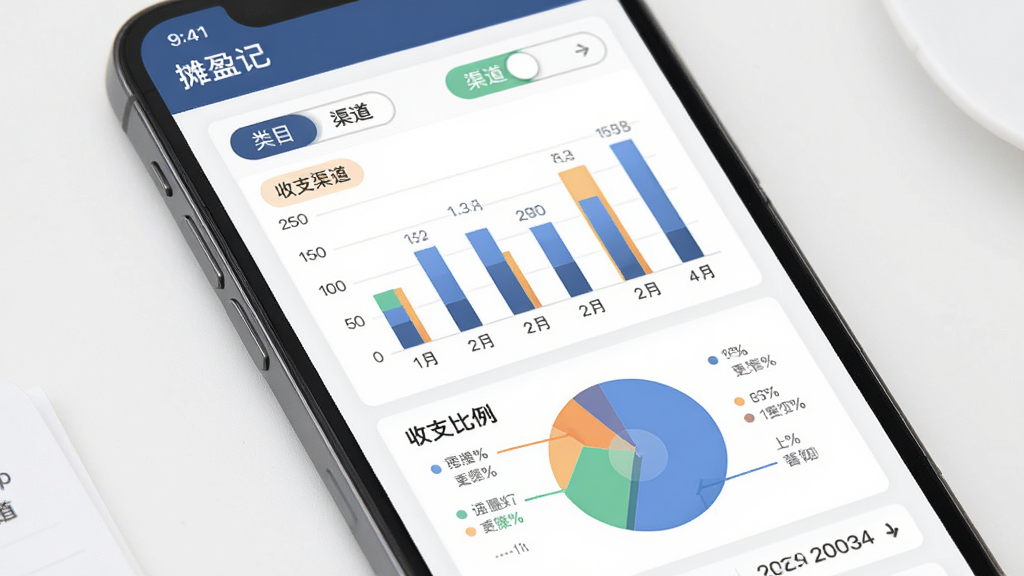 主体为手机屏幕显示“摊盈记”的统计图表,包含柱状图和饼图,展示收支比例和趋势;布局为图表居中,周围有分类标签和日期选择器;排版清晰,数据标注醒目;风格商务简约,颜色搭配和谐;细节包括“类目”“渠道”切换按钮,画质高,干净无多余元素。