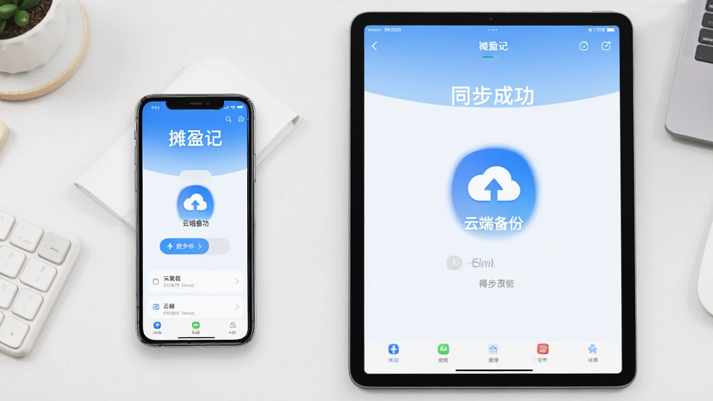 主体为手机和平板并排展示“摊盈记”界面,屏幕中显示同步成功的提示;布局为设备居中,背景为简洁桌面;排版整齐,突出“云端备份”图标;风格清新,蓝色调为主;细节包括设备上的数据一致,画质干净,无多余元素。