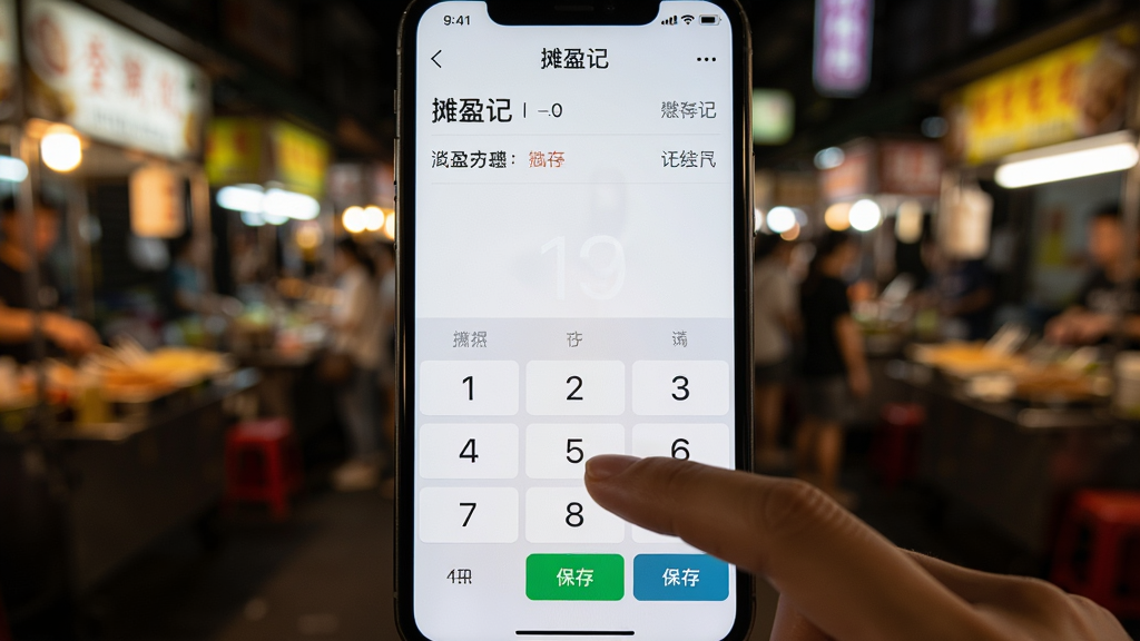 主体为手机屏幕展示“摊盈记”的记账界面,手指正点击大数字键盘;布局为手机居中,背景为模糊的夜市环境;排版突出操作区域;风格写实,光线较暗但屏幕明亮;细节包括键盘上的数字和“保存”按钮,画质清晰,干净无多余元素。