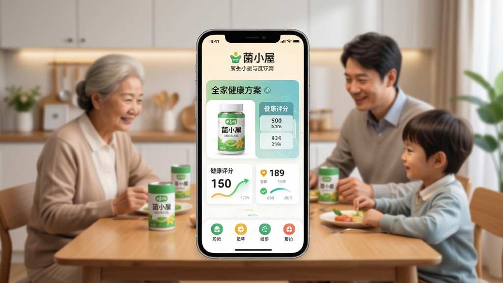 主体:一款名为“菌小屋”的手机APP界面悬浮于温馨的家庭餐桌场景之上,界面清晰展示益生菌产品图与健康数据。布局:APP界面作为视觉中心,背景是模糊处理的现代家庭餐厅,有老人、成人、孩子围坐,桌面摆放着菌小屋的益生菌产品。排版:APP界面内部分区明确,上方为品牌“菌小屋”Logo与标语,中部是产品展示与健康评分,下方是功能图标。风格:写实风格与扁平化UI结合,色彩明亮温暖,突出健康、科技与家庭温馨感。细节:画面干净,光线柔和,产品包装上的“菌小屋”字样清晰可见,APP界面显示“全家健康方案”等字样。画质:4K高清,渲染细腻,无多余元素。