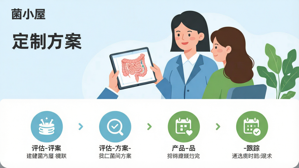 主体:菌小屋APP的“健康方案定制”功能界面。布局:界面以一位家庭健康顾问正在为顾客做咨询的插画为主图,下方是详细的定制流程步骤图标。排版:主图占据上方三分之一,下方是四个圆形图标,分别代表“评估-方案-产品-跟踪”,配以简短文字说明。风格:清新扁平化插画风格,色调以淡蓝和草绿色为主,体现自然与专业。细节:界面左上角有“菌小屋”字样和“定制方案”标题,插画中顾问手持平板展示肠道菌群图谱。画质:高清,界面元素干净整洁,无多余装饰。