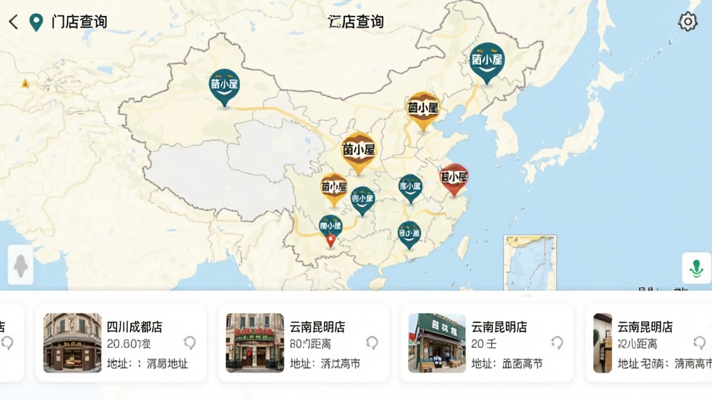 主体:菌小屋APP的“门店查询”功能界面。布局:界面以一张中国地图为背景,上面分布着数个带有品牌Logo的定位气泡,下方是门店列表卡片。排版:地图占据屏幕上半部分,下半部分为横向滑动的门店信息卡片,显示店名、距离、地址。风格:简洁的LBS应用界面风格,地图为浅色系,品牌色点缀。细节:地图上的定位气泡有“菌小屋”字样,门店卡片上显示“四川成都店”、“云南昆明店”等名称。画质:清晰,界面布局合理,视觉焦点集中。