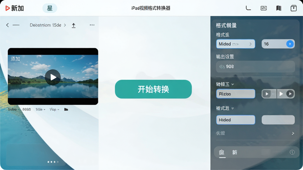 һ��չʾ����iPad��Ƶ��ʽת����������ĸ���ͼƬ�����������������Ϊ��Ƶ���������Ҳ�Ϊ��ʽѡ�������������壬�м�����Ŀ�ġ���ʼת������ť���������ִ���ɫ�����£�����ϸ�壬�ɾ��޶���Ԫ�ء�