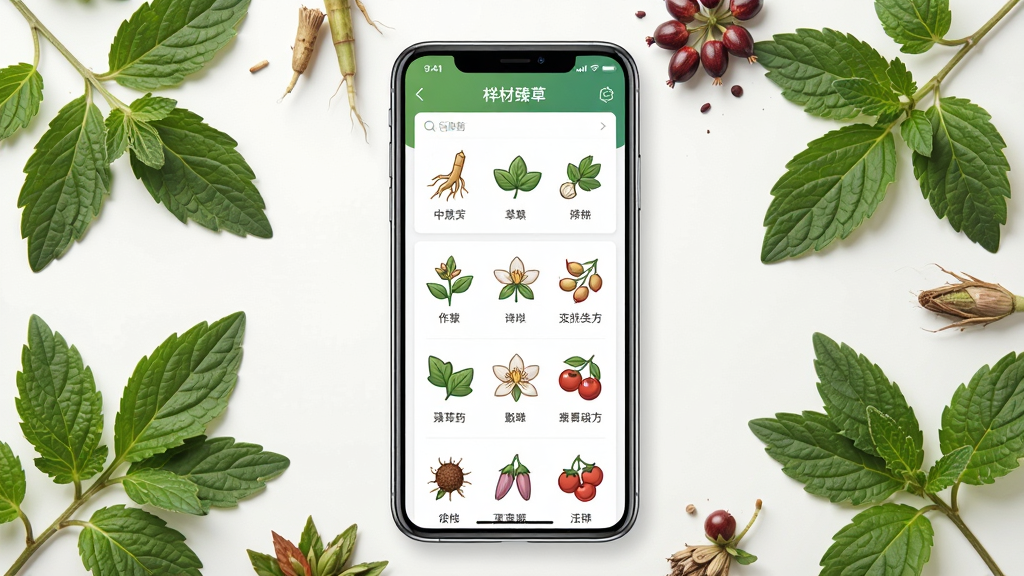 һ��չʾ�������APP����ĸ�������ͼ������Ϊ�ֻ���Ļ�ڳ��ֵ��в�ҩ�����б�������Ϊ��Ȼ�ݱ�ֲ��Ԫ�أ����־��У��Ű������������������Ȼ��ϸ�ڰ���������Ҷ������ͼ�꣬����ϸ�壬�ɾ��޶���Ԫ��