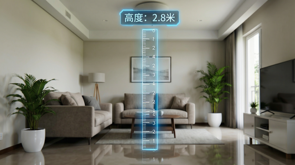 主体:手机摄像头视角下的客厅场景,AR虚拟标尺从地面延伸到天花板,显示出“高度:2.8米”的白色文字。布局:画面中央为AR标尺,周围是沙发、绿植等家具,比例协调。排版:标尺刻度清晰,数据标签位于标尺顶部,采用蓝色科技感字体。风格:写实风格,室内光线自然。细节:标尺带有半透明蓝色光效,地面有轻微反光。画质:高清,干净,无多余元素。