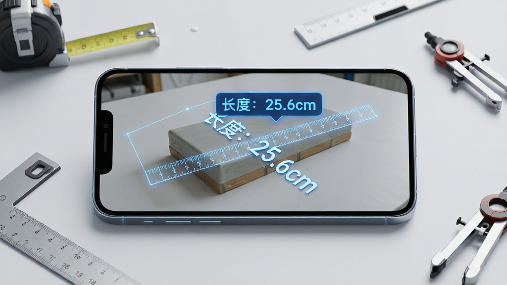 主体:一款智能手机横屏界面,屏幕显示AR测量场景,虚拟刻度线覆盖在真实物体上,旁边有浮动数据标签“长度:25.6cm”。布局:手机居中,背景为简洁的浅灰色工作台,周围有卷尺、直角尺、指南针等测量工具模型点缀。排版:手机屏幕画面清晰醒目,数据标签采用蓝色高亮字体。风格:科技感、现代简约、干净明亮。细节:手机边缘有细微反光,刻度线精细,数字清晰。画质:4K超清,干净,无多余元素。