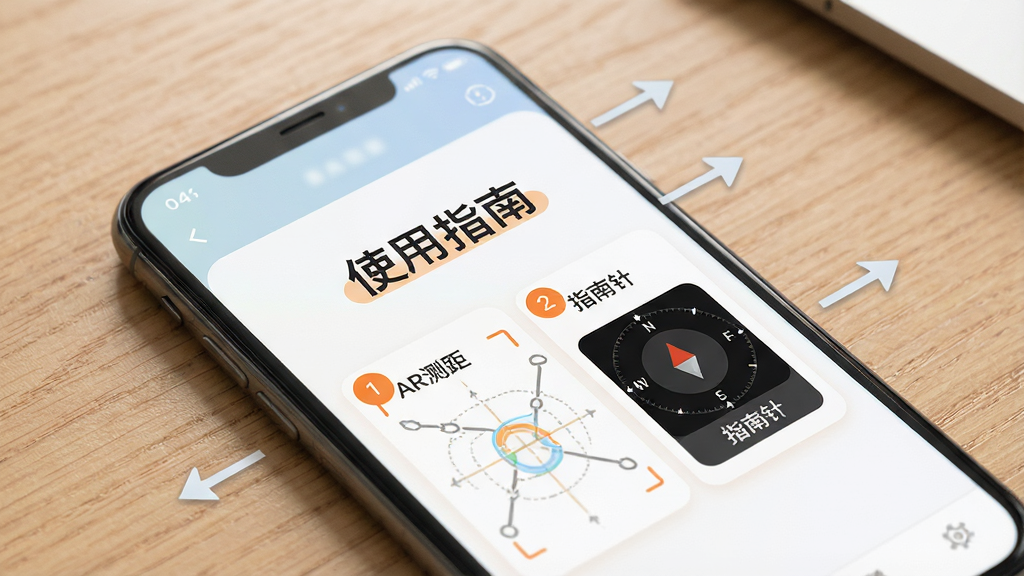 主体:一部手机平放在桌面上,屏幕显示测量工具的使用教程界面,包含步骤说明和箭头指示。布局:手机屏幕中央有“使用指南”字样,下方有步骤图。排版:文字清晰,步骤序号用橙色圆圈标注。风格:教育风格,配色柔和。细节:屏幕上有“AR测距”和“指南针”两个功能模块的示例图。画质:高清,干净,无多余元素。