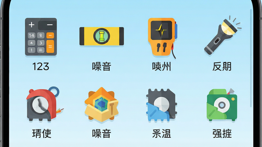 主体:手机屏幕展示工具箱网格界面,包含计算器、水平仪、噪音计、手电筒等图标。布局:图标以2行4列排列,背景为浅蓝色渐变。排版:每个图标下带有中文名称,字体简洁。风格:扁平化设计,色彩明快。细节:计算器图标有数字“123”,水平仪图标有气泡居中。画质:高清,干净,无多余元素。