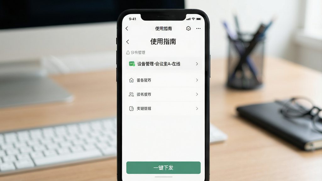 主体:手机屏幕显示墨绘应用的操作界面,背景为办公桌。布局:手机居中,屏幕内显示设备管理列表,上方有“使用指南”文字。排版:手机屏幕占画面70%,周围留白。风格:清新实用。细节:屏幕显示“设备管理-会议室A-在线”,底部有“一键下发”按钮。画质:高清,干净,无多余元素。