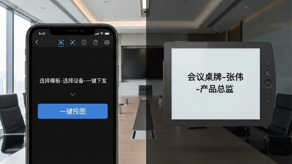 主体:手机端墨绘软件界面,显示“一键投图”操作按钮,背景为会议室场景。布局:左侧为手机界面放大图,右侧为电子墨水屏设备接收内容后的效果图。排版:左右分栏,手机界面占版面40%,设备效果图占60%。风格:简洁商务风。细节:手机屏幕上显示“选择模板-选择设备-一键下发”流程,电子墨水屏显示“会议桌牌-张伟-产品总监”。画质:超清,干净,无多余元素。