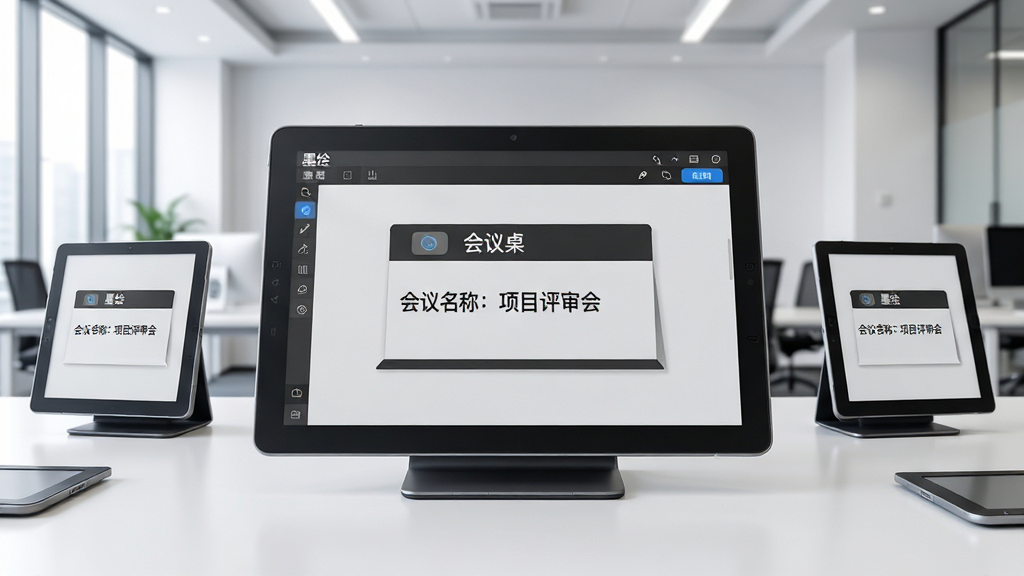 主体:墨绘软件主界面在电子墨水屏设备上的应用场景,屏幕显示会议桌牌模板,周围有多个电子墨水屏设备。布局:中心展示一台大型电子墨水屏,屏幕内显示“墨绘”软件操作界面,左右两侧各有一台小型电子墨水屏作为辅助展示。排版:主屏幕占据视觉中心,辅助屏幕对称分布,背景为现代办公环境。风格:科技感、专业、明亮。细节:屏幕内容清晰可见,模板文字显示“会议名称:项目评审会”,设备外观简洁,桌面整洁。画质:8K超高清,干净,无多余元素。
