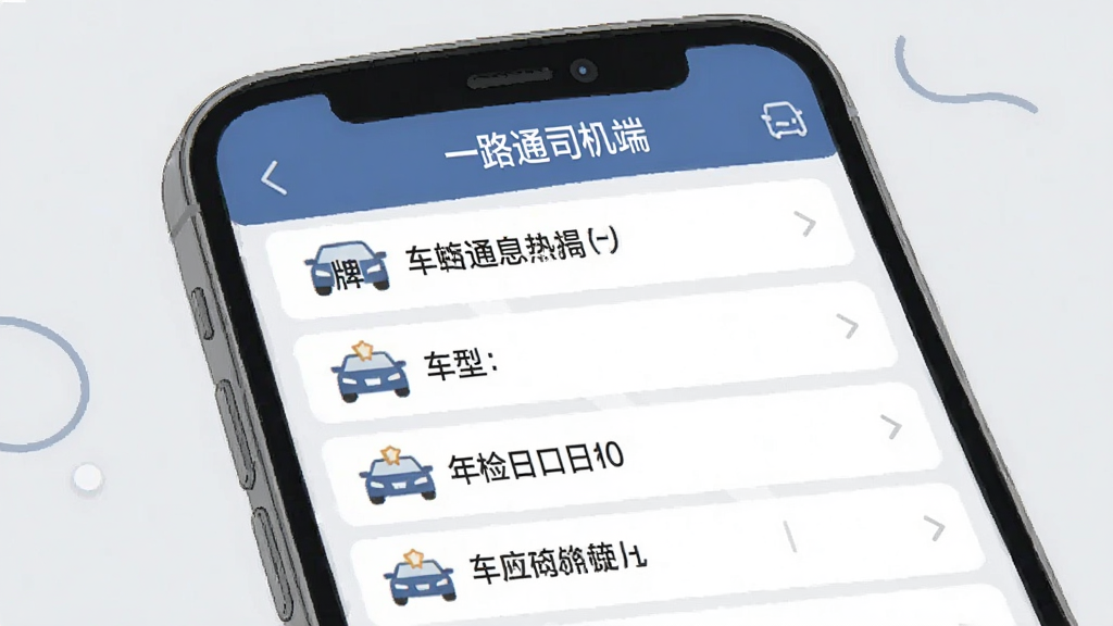 一幅手机应用界面截图风格插画,主体为“一路通司机端”的车辆信息管理页面,显示车牌号、车型、年检日期等字段,布局为列表式排列,背景为浅灰色,配有简单的车辆图标,风格简洁商务,细节清晰,画质干净,无多余元素。