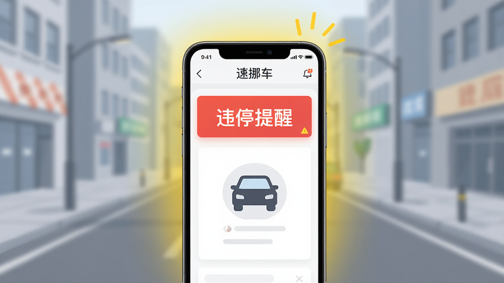 画面中央展示一部智能手机,屏幕亮起显示“速挪车”应用界面,界面中有醒目的“违停提醒”红色横幅和车辆图标,手机周围有柔和的黄色警示光效,背景为简洁的城市街道模糊处理,整体风格扁平化、现代感强,画质干净,无多余元素