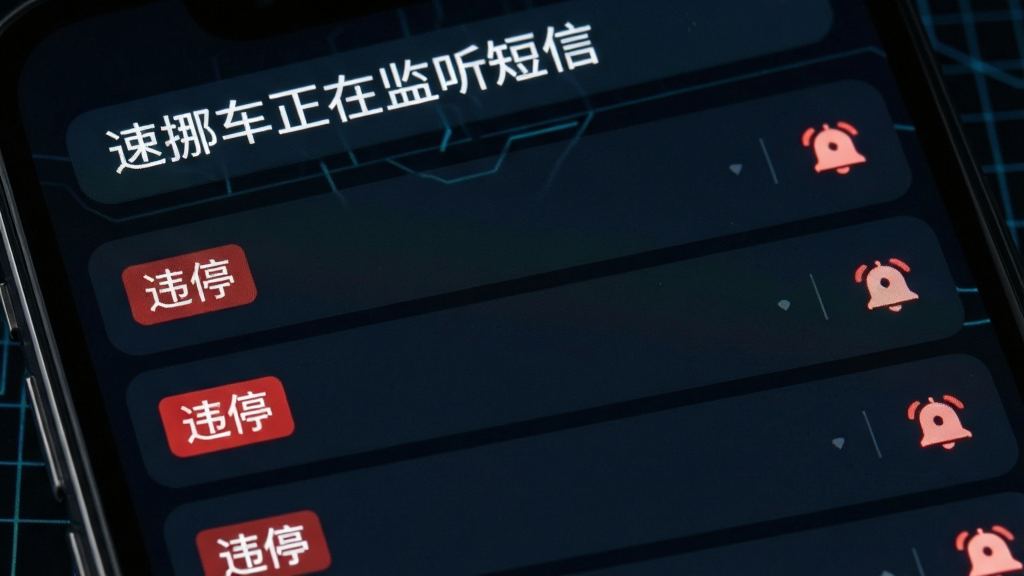 手机屏幕特写,状态栏显示“速挪车正在监听短信”,下方列表展示多条带有“违停”标签的短信条目,每条右侧有红色闹铃图标,背景为深色科技感网格,主体突出,布局清晰,风格简洁,画质干净,无多余元素