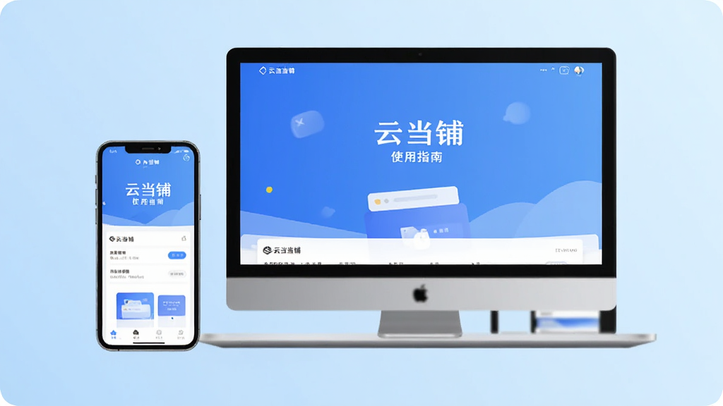 云当铺使用指南场景图,画面中一部手机和一台电脑并排摆放,屏幕显示云当铺界面,背景为浅蓝色渐变,风格简约清晰,突出多设备适配与操作便捷,画质干净,无多余元素