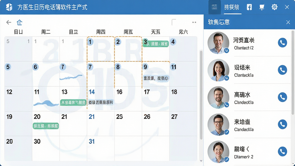 ���壺��ҽ�������绰�����������棬չʾ������������ϵ���б����Ų��֣����֣����Ϊ�·�������ͼ���Ҳ�Ϊ��ϵ����Ƭ�б�������Ϊ���ܵ��������Ű棺�����࣬��Ϣ�㼶������ͻ��������������ϵ������������ִ���ƽ����ƣ�������ɫ�����ɾ���ˬ��ϸ�ڣ������б�ע�������ѱ�ǣ���ϵ������ʾ�绰ͼ�ꣻ���ʣ�������Ⱦ���ɾ����޶���Ԫ��