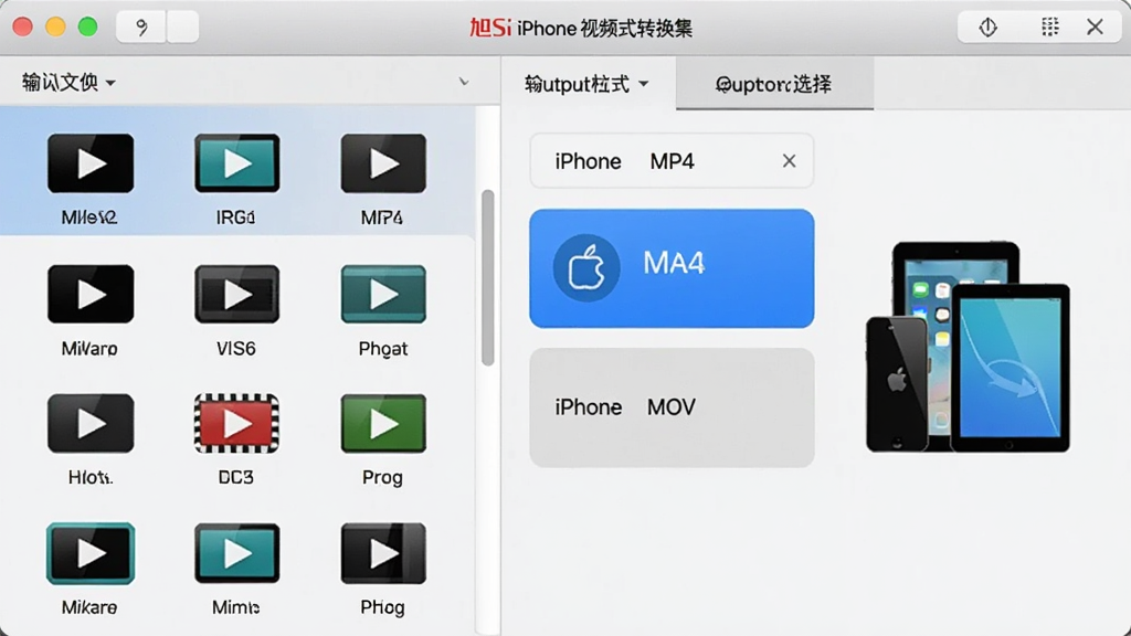 ͼƬչʾ����iphone��Ƶ��ʽת�����ĸ�ʽת�����ܽ��棬���Ϊ�����ļ��б�������������Ƶ��ʽͼ�꣬�Ҳ�Ϊ�����ʽѡ������ͻ����ʾMP4��MOVѡ�������iPhone��iPad�豸ͼ�꣬����Ϊǳ��ɫ����񣬲���������ϸ�ڷḻ�����ʸɾ��޶���Ԫ��
