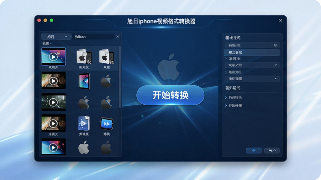 ��������չʾһ����Ϊ������iphone��Ƶ��ʽת�����������������棬�����������ɫ�Ƽ������⣬���Ϊ��Ƶ�ļ��б����Ҳ�Ϊ�����ʽѡ����壬�м�����Ŀ�ġ���ʼת������ť������Ϊ������ߣ����岼�ֹ���������ִ���Լ��ϸ����ͻ��ƻ���豸ͼ�����Ƶ�ļ�����ͼ�����������ɾ����޶���Ԫ��