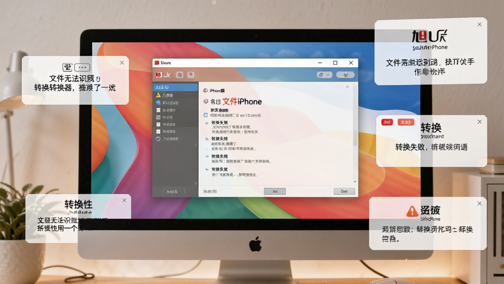 ͼƬչʾ����iphone��Ƶ��ʽת�����ڵ��������еĽ��棬��Ļ����ʾ���������ڣ���Χ�г���������ʾ���硰�ļ��޷�ʶ�𡱡���ת��ʧ�ܡ��ȣ����廭��ɫ����ͣ��������������ʵ�ã�ϸ�ڷḻ�����ʸɾ��޶���Ԫ��