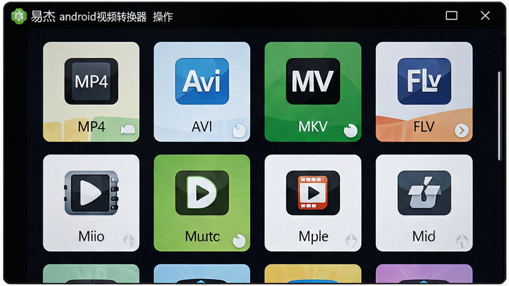 易杰android视频转换器操作界面特写,屏幕中显示多种视频格式图标排列,包括MP4、AVI、MKV、FLV等,每个图标下配有格式名称,界面采用卡片式布局,色彩鲜明,画质高清,干净无多余元素